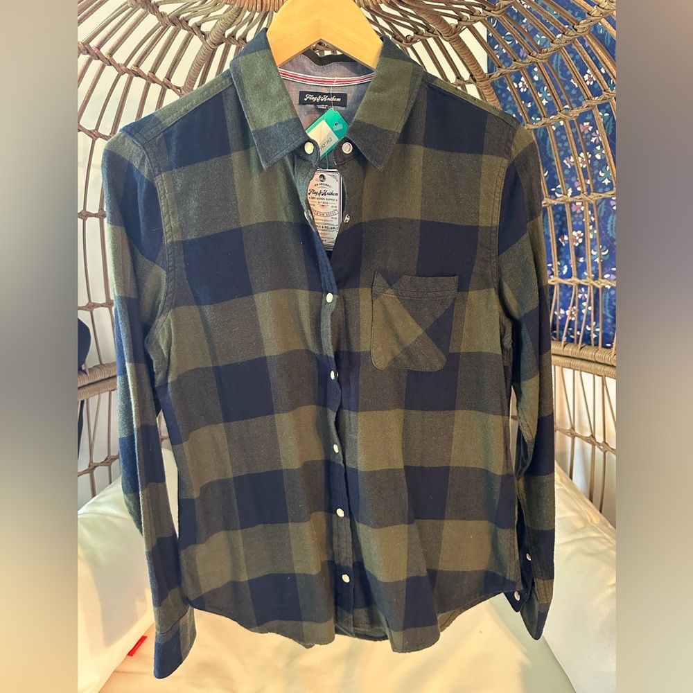 Women’s Flag and Anthem Green and Blue Checkered button down long sleeve shirt